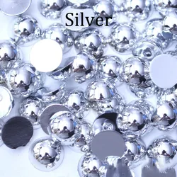 Iridescent Imitation Pearl Flatback Beads for DIY Jewelry and Nail Art (Silver)