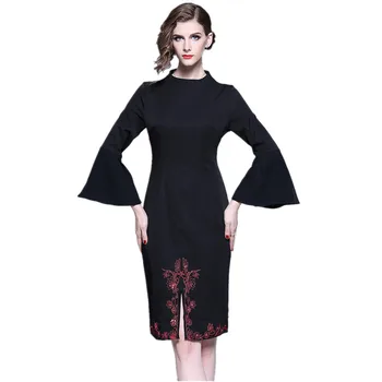 

S-XXL Autumn Women OL Pencil Dress Vintage Black Embroidery Floral Diamonds Sheath Dress Chic Flare Sleeve Bodycon Dress Vestido