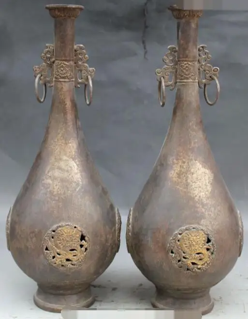 

S5297 17" Chinese Fengshui Bronze Silver Gilt Dragon Flower Vase Bottle Pair Statue discount 30% (C0324)
