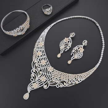 

SisCathy 4PCS Trendy Nigerian Wedding Cubic Zirconia Necklace Earrings Bracelet Resizable Ring Jewelry Sets parure bijoux femme