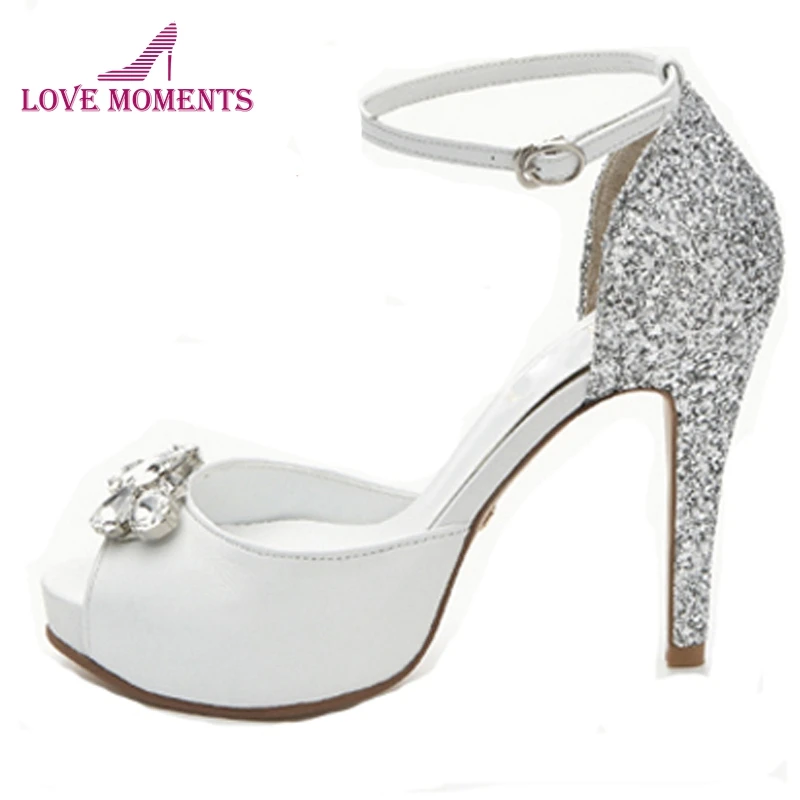 

White Sheepskin Cinderella Rhinestone Shoes Peep Toe Glitter Bride Banquet Pumps Lady Fashion Spring Summer Dress Shoes