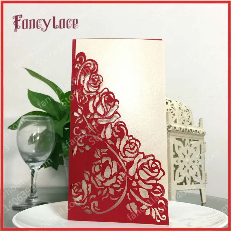 

50PCS Free Shipping Hot Sale Laser Cut Paper Rose Flowers Lace Birthday Wedding Invitation Cards with Blank inner paper Sheet