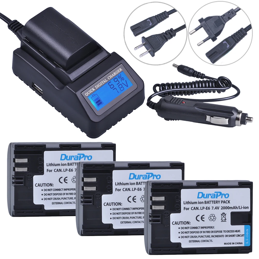 

3pc LP-E6 LP E6 LPE6 LP-E6N 2000mAh Rechargeable Li-ion Battery + LCD Quick Charger For Canon 5D Mark II III 7D 60D EOS 6D