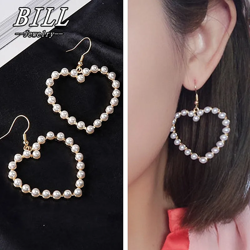

ES522 Small Simulated Pearls Women Dangle Drop Earrings Heart LOVE Earing Fashion Jewelry Brincos Female European Style HOT Sale