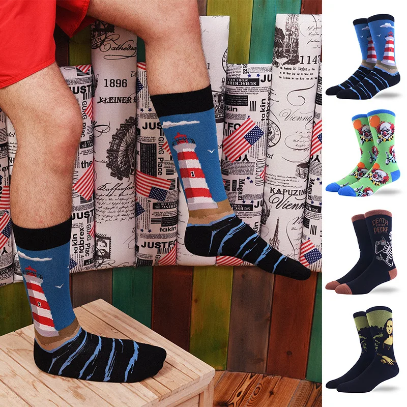 

Men's Happy Crew Socks Cartoon Astronaut Clown Mona Lisa Skate Funny Personality Harajuku Hip Hop Street Fashion Male Socks