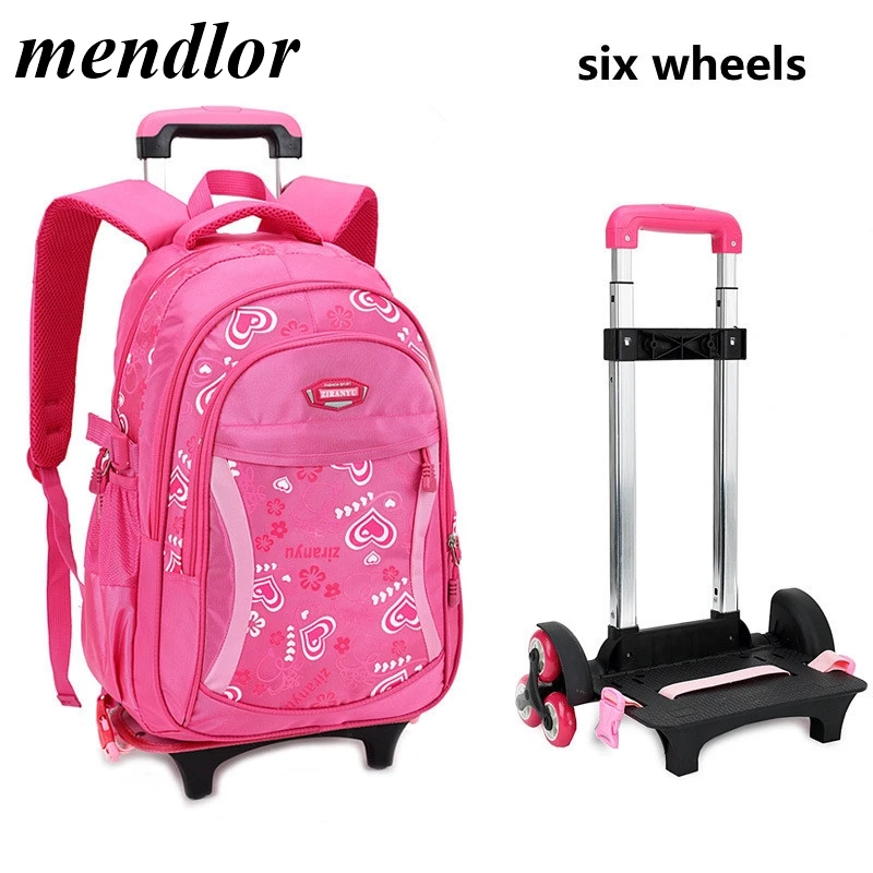 

2019 Kids Six-wheel Travel Trolley Backpack Fashion Cute Heart-shaped Pattern School Bag Detachable Rolling Backpack For Girls