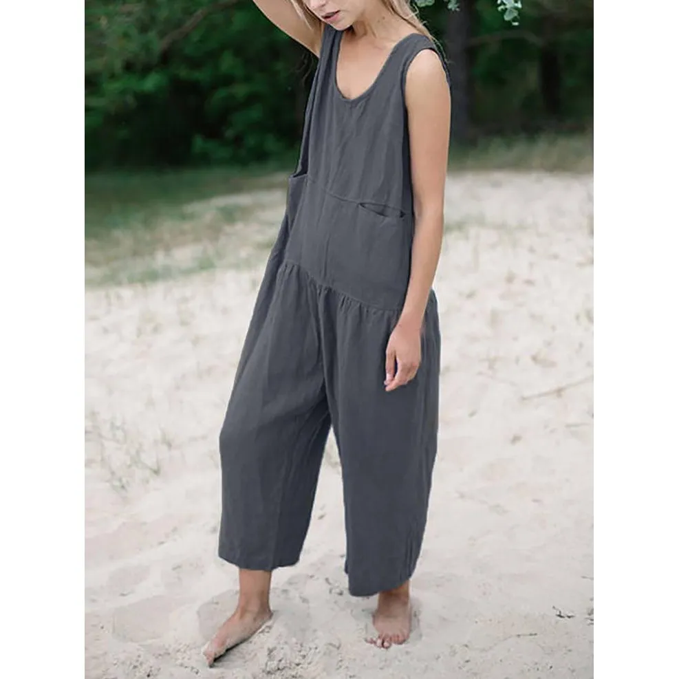 2019 Summer Women Sleeveless Jumpsuit Casual Solid Cotton Linen Rompers Loose Plus Size Wide Leg Jumpsuits 2019 Summer Women Sleeveless Jumpsuit Casual Solid Cotton Linen Rompers Loose Plus Size Wide Leg Jumpsuits
