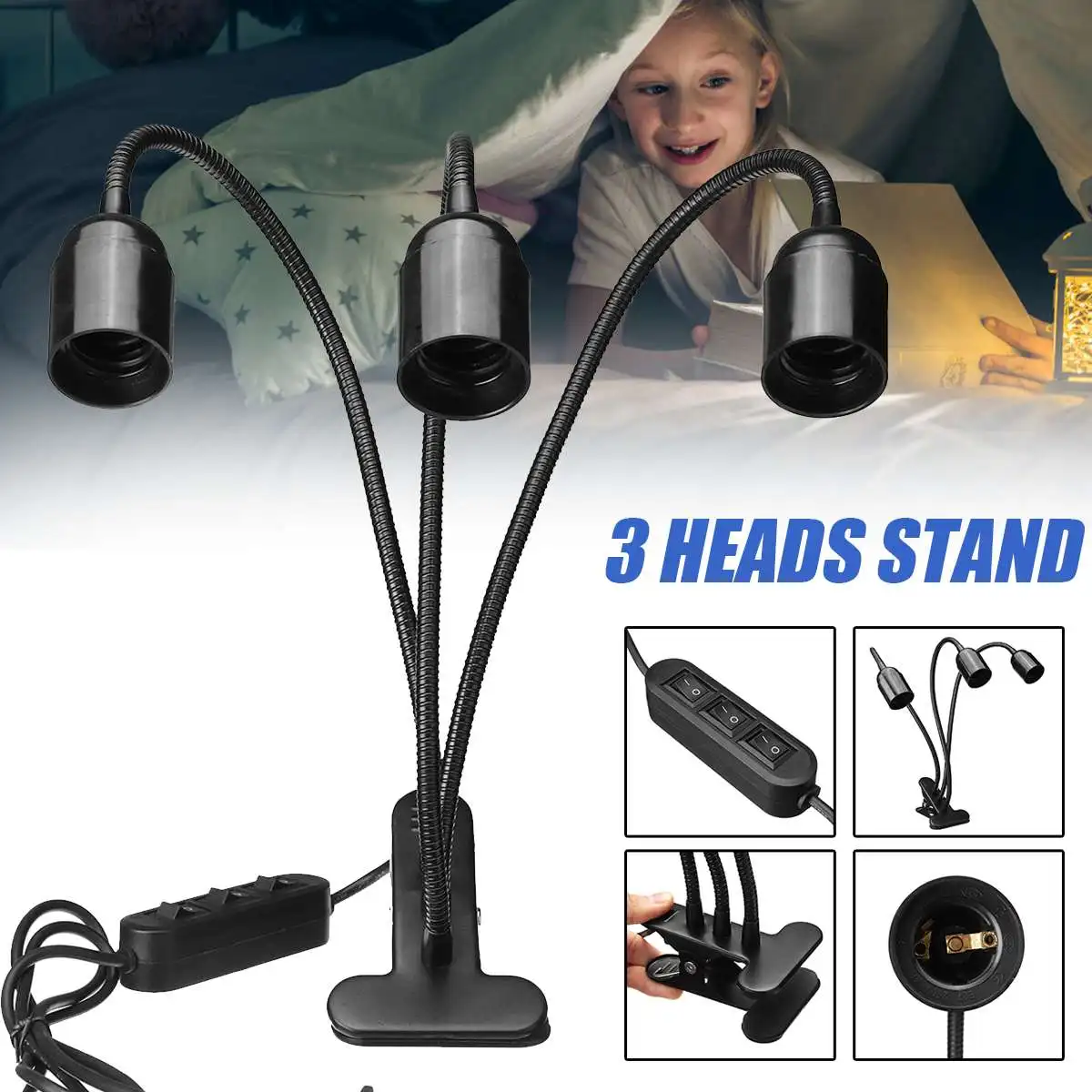  Flexible Plant Growth Light Base Stand 3 Heads Clip-On Desk Light E27 Bulb Stand Holder Kids Study 