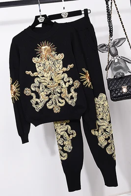 Вязанные комплекты осень зима 2 шт женские вязанные комплекты Вязанный свитер+ брюки модный костюм Подиум вязанные брюки костюм - Цвет: Black
