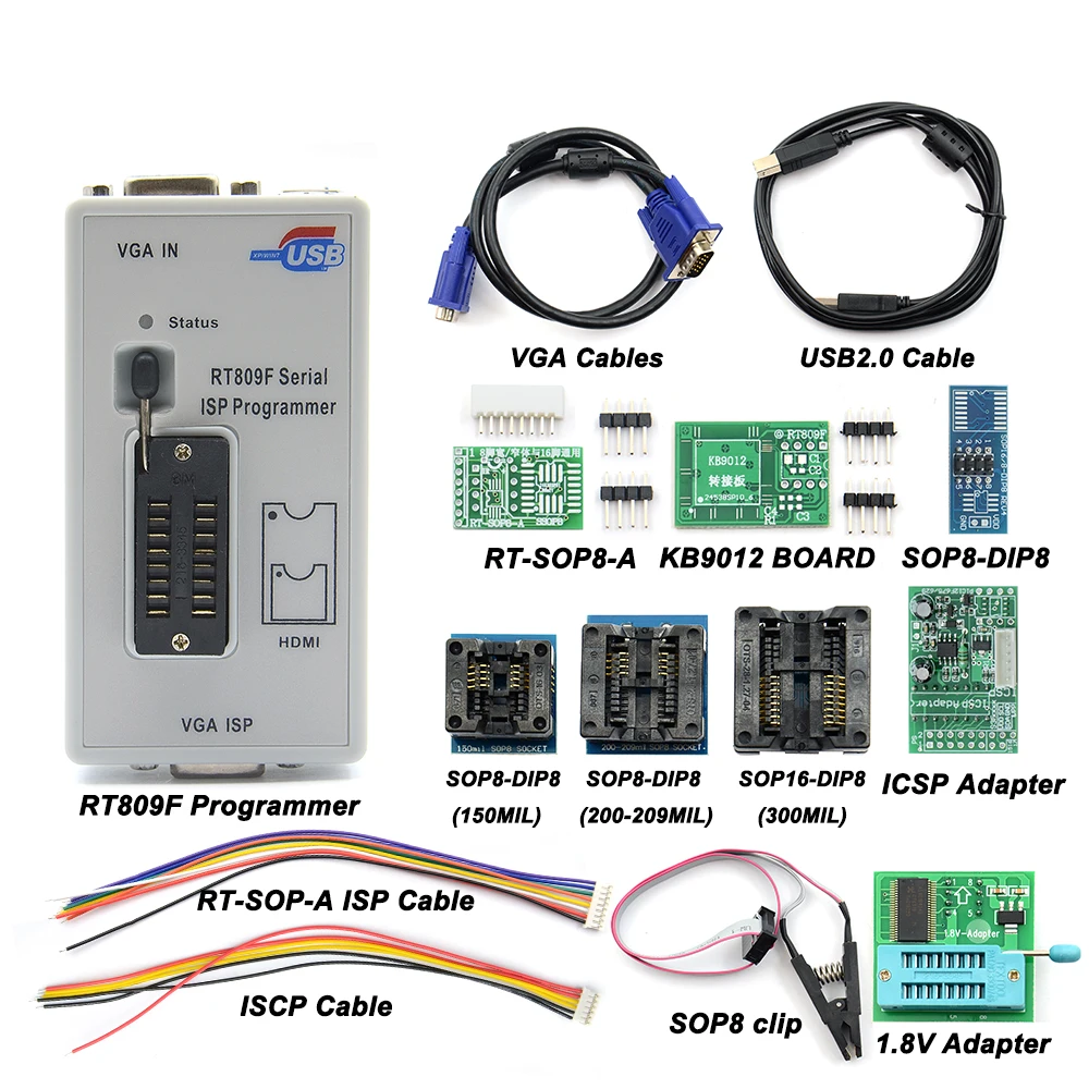 RT809F программатор+ 11 адаптеров+ sop8 IC клип+ CD+ 1,8 в/SOP8 адаптер VGA lcd ISP программатор адаптер универсальный программатор