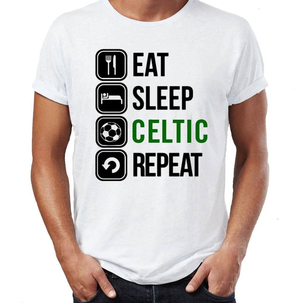 

Men's Eat Sleep Celtic Funny Letter Printed White T-shirt Scotland FC Football Soccer Fans Round Neck Sleeves Cotton T-shirt