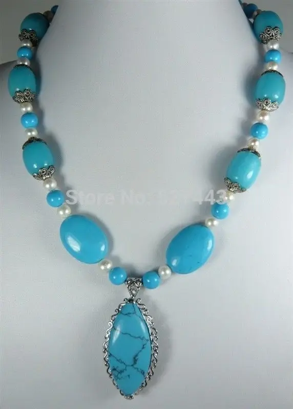 

Wholesale3214 Charming! 5-6mm White Akoya Pearl&Blue Turkey Turquoise Necklace