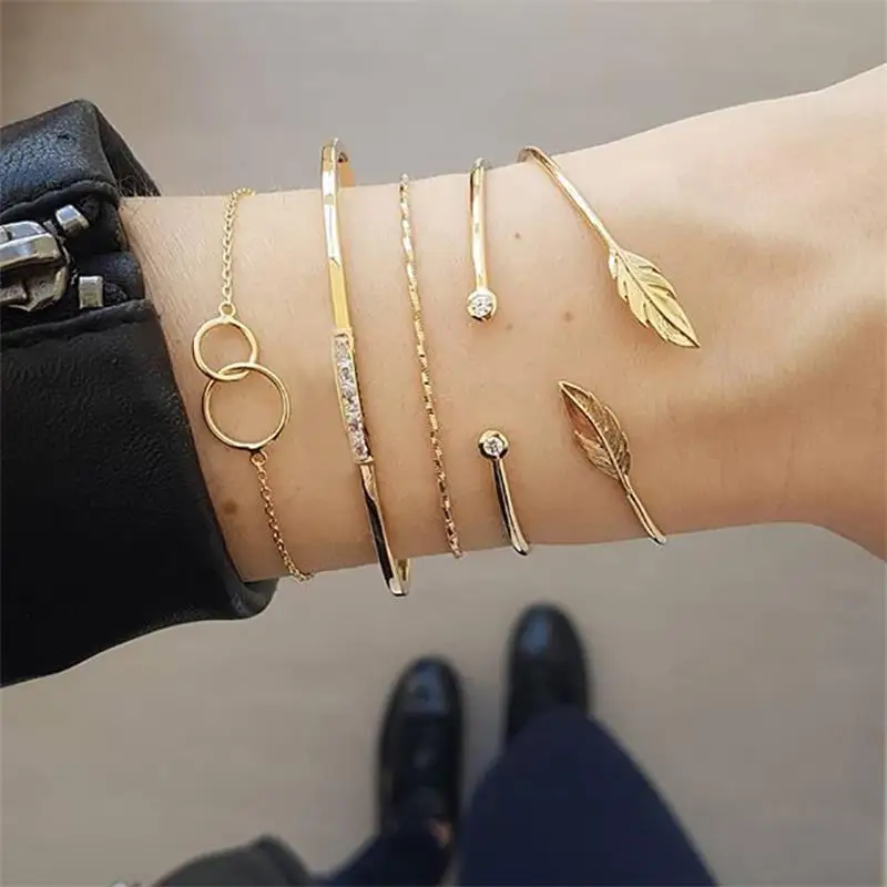 

Exquisite Female Bracelets Double Circle Leaf Crystal Geometry Opening Gold Bracelet Set Simple Women Dance Party Accessories
