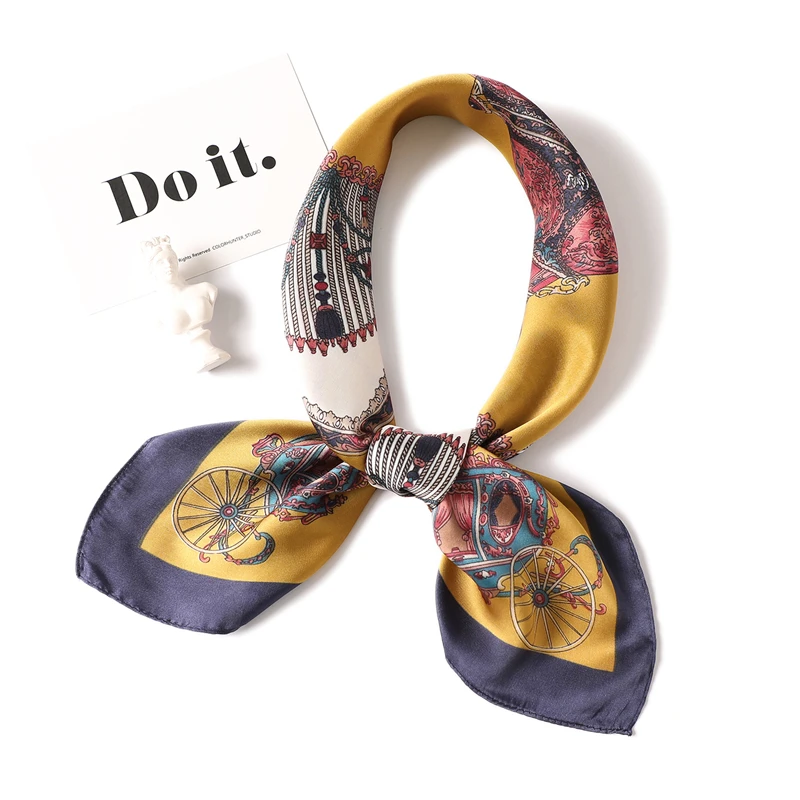 Роскошный брендовый Элегантный женский квадратный шелковый шарф на шею, атласный шарф, обтягивающий Ретро галстук для волос, небольшой модный квадратный шарф 70x70 см - Цвет: FJ08 yellow navy