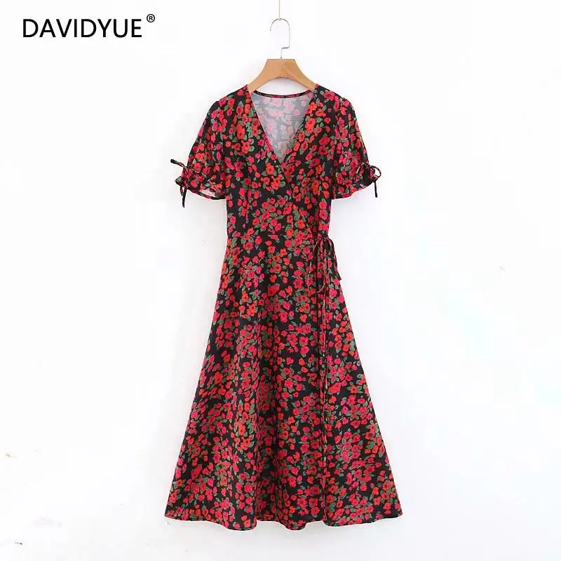 

Summer woman dress Vintage short sleeve floral print wrap dress Sexy vestidos V neck beach party long dress 2019 bohemian dress