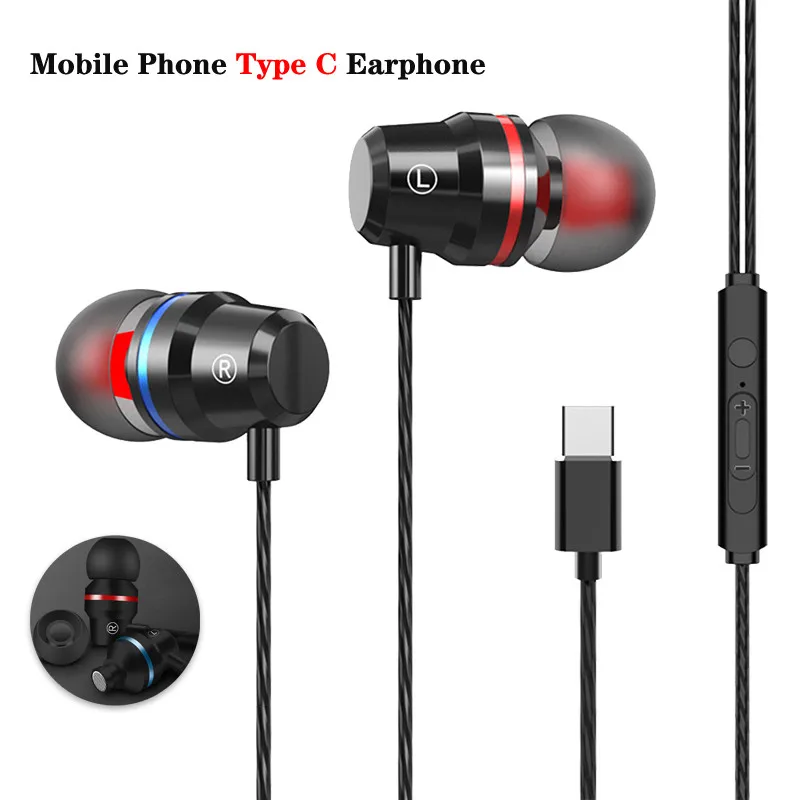 

2 Pieces Bass Earpieces Type C Earphone Metal Wired Headset Hifi Earbuds for Samsung Huawei Xiaomi Zte Phone Ear Phones
