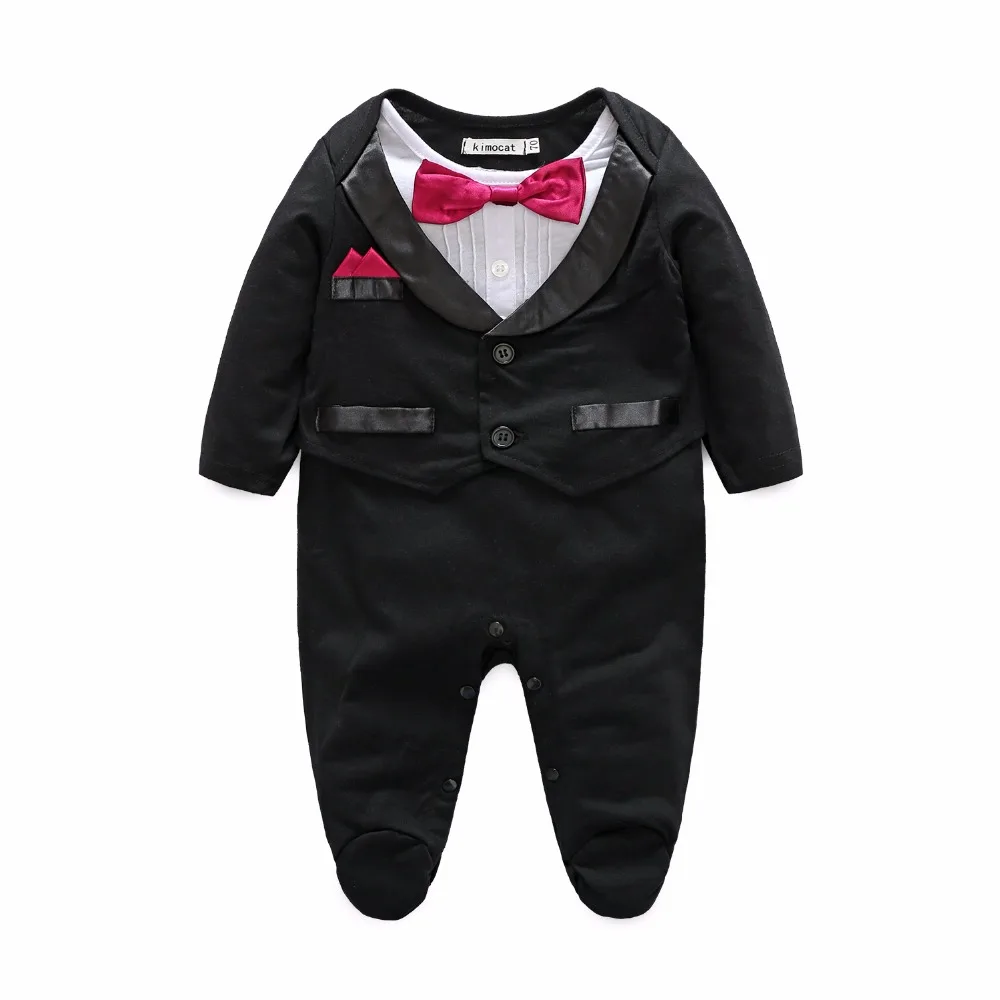 Goedkoop Kimocat Pasgeboren Baby Toevallige Romper Gentleman bruiloft Lange Mouw Klim Kleding Sets Baby Kleding voor Jongens