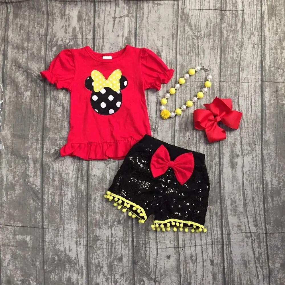 

new Summer baby girls children clothes boutique black red mouse pattern sequins shorts top pom pom cotton matching accessories