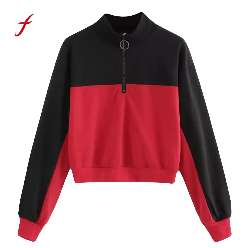 

Feitong Autumn Women Sweatshirt Solid O-Neck Patchwork Black Red Sweatshirt Long Sleeve Pullover Tops Sudadera Mujer /PY