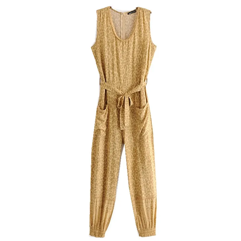 2019 Bow Tide Sashes Leopard print Jumpsuit Yellow Women Back zipper Sleeveless Full Length Pants Romper Overalls
