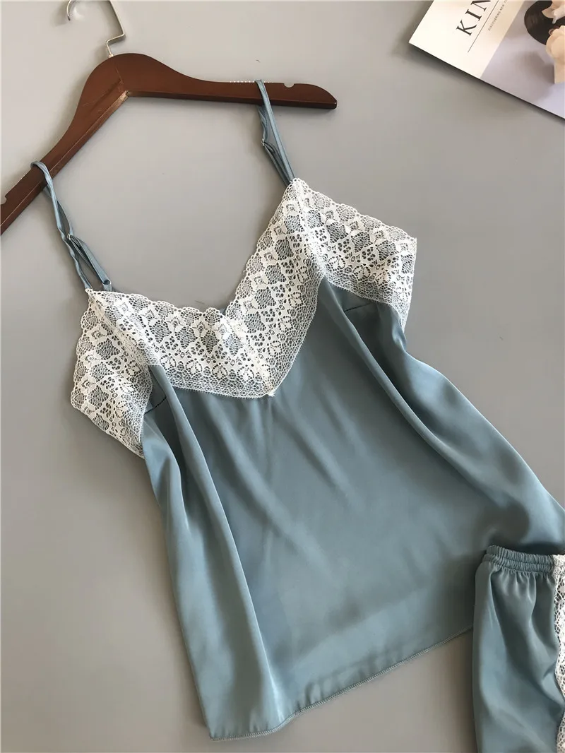 Queenral Women's Sleep Lounge Pajama Sets Sexy Lingerie Pyjamas Femme Silk Satin Summer Nightie Home Suit Sexy Lace Pijamas Set