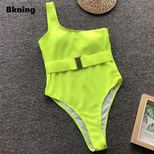 Неоновый зеленый купальник цельный купальный костюм для женщин Сплошной одно плечо Badpak Пряжка ремень купальные костюмы Винтаж 1 шт