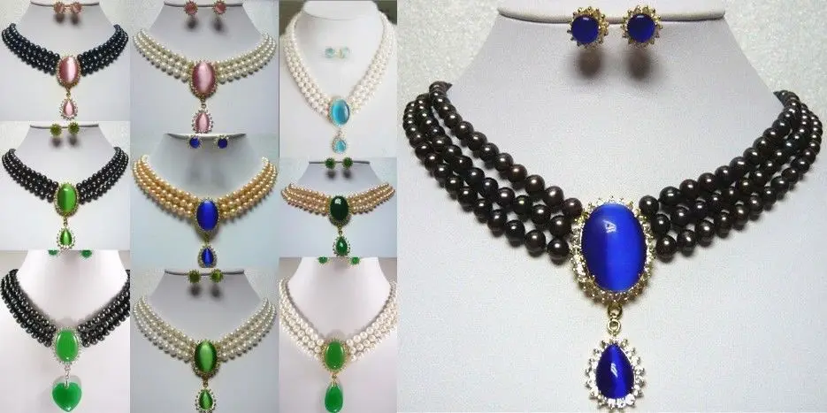 

Miss charm Jew.307 10color-3row white/pink/black pearl & jade/opal necklace pendant earring set can choose (A0423)