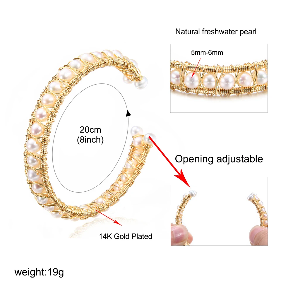 Витый браслет из золотой проволоки, натуральный пресноводный жемчуг, браслет для женщин, Регулируемый Открытый жемчужный браслет, браслет с жемчужинами в стиле барокко