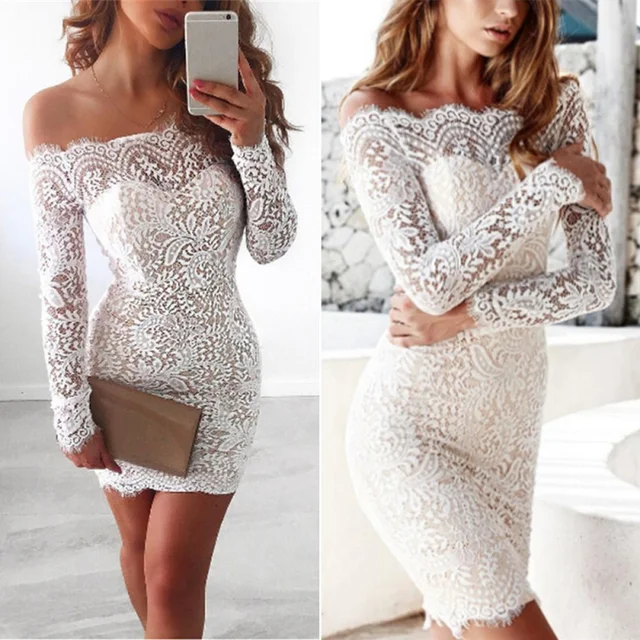 Summer Women Floral Elegant Vintage Retro Dress Long Sleeve Off Shoulder Patchwork Bodycon Lace Party Dress 1