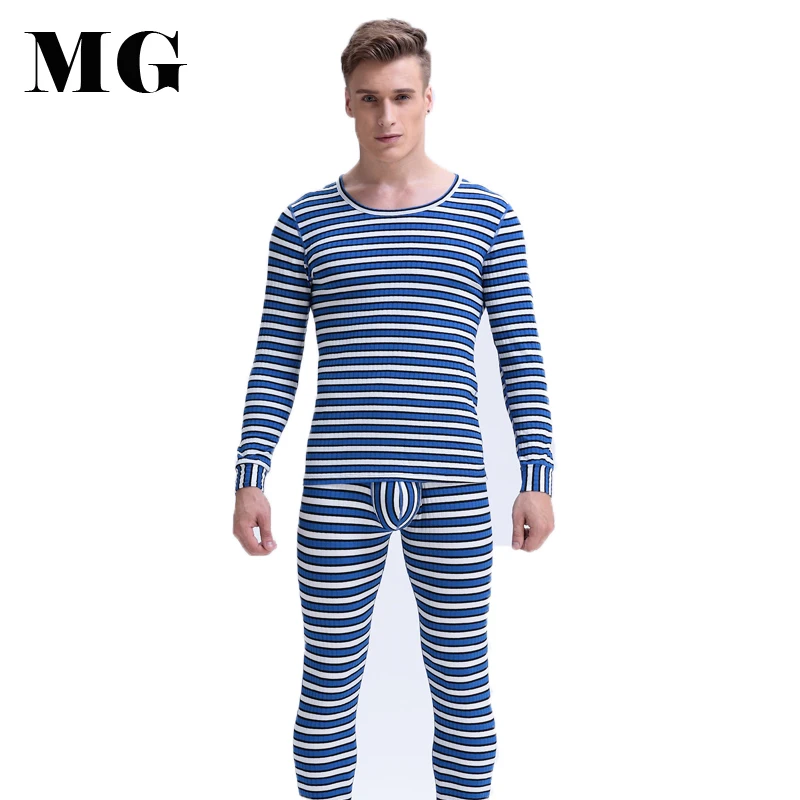 Mr.Gun Men Striped Long Johns Underwear Set Winter Suits Round Neck