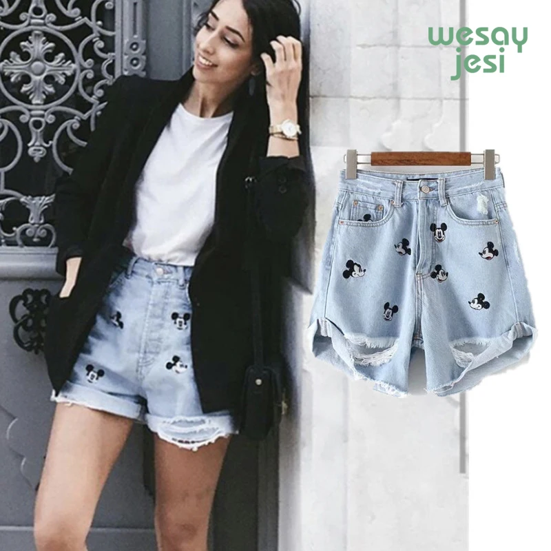 

2019 Summer cartoon denim shorts women high street fashion blogger mickey embroidery cartoon Jean shorts women Loose