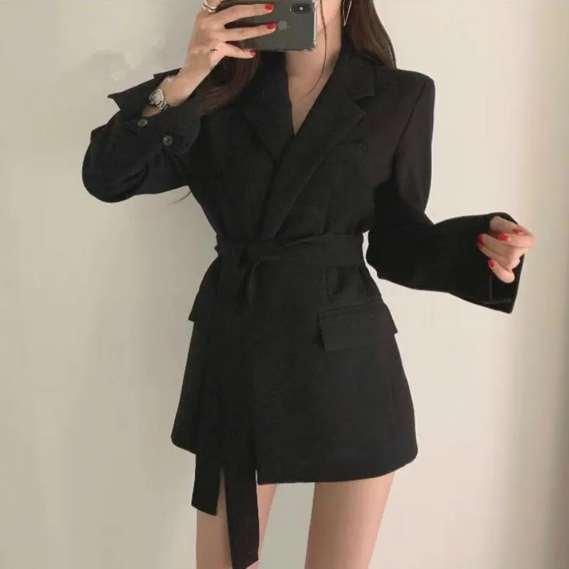 Fall Women Apricot Jackets Women long Jacket Black Suit Cape Long Sleeve Sashes Lace up Outwear Women