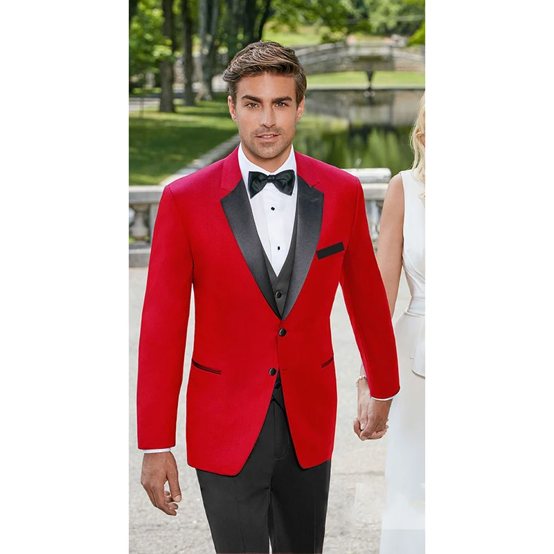 

Men's red tuxedo with black satin notch lapel Mens Slim Fit Suits Groom Tuxedos Groomsmen Men Wedding Suit (Jacket+Pants+Tie)