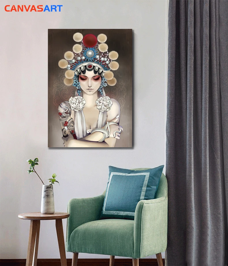 

Canvas Art Pictures Modern Hand-painted Beijing Opera Female Figures Camellia Porch Frameless Hanging Paintings Canvas Painting