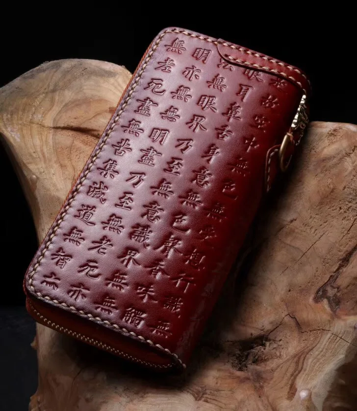 Prajna Für Pendant Geprägte leather Mann Reißverschlusstasche Lange brown Chinesischen Paramita metal Schwarzes Männer Kupplung Organizer Wristband Vollrindleder Große Geldbörse Designer Brieftasche 55pxwRO
