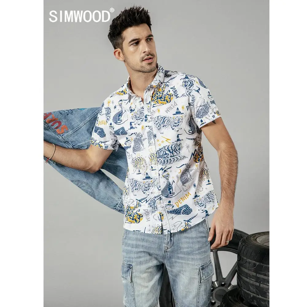 

SIMWOOD 2019 summer new cat print short sleeve shirts men 100% cotton fashion hawaii shirt plus size brand clothing 190264