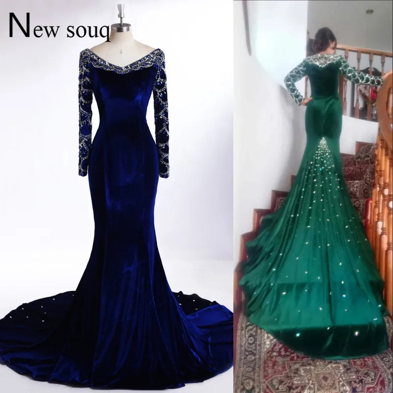 100% Real Image Royal Blue Arabic Evening Dress Long Sleeves Mermaid Prom Dresses Custom Made Soft Velour Vestido Longo 2017
