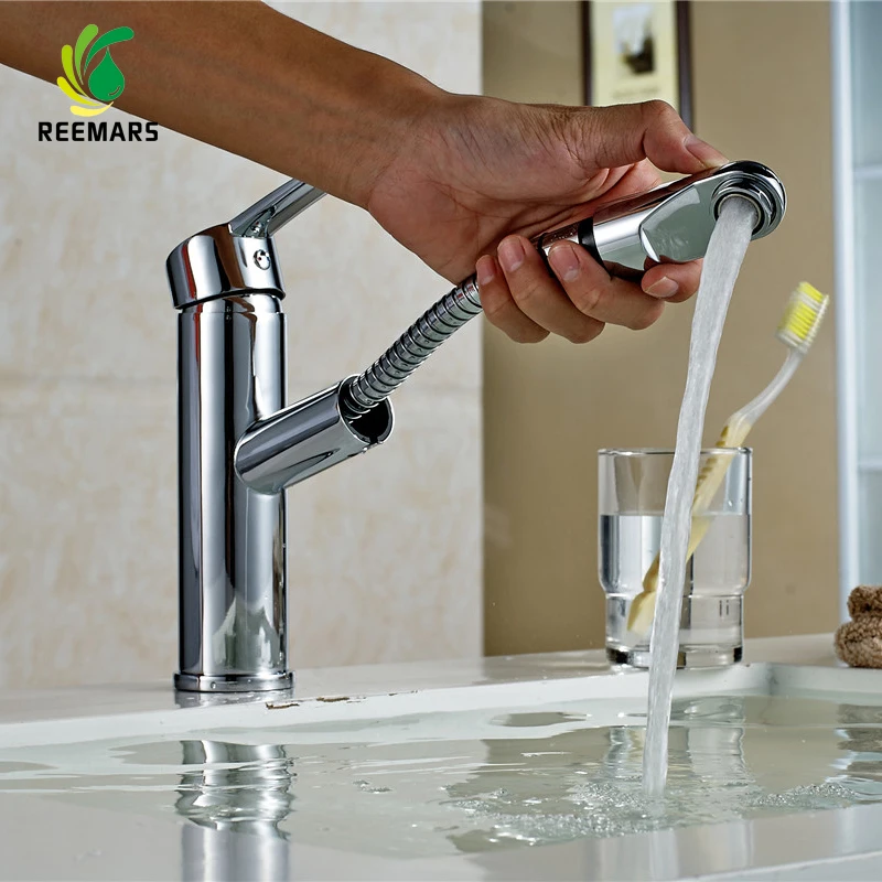 Bathroom Basin Faucet Water Tap Pull Out Spray Nozzle Solid Brass Single Handle Hot Cold Water