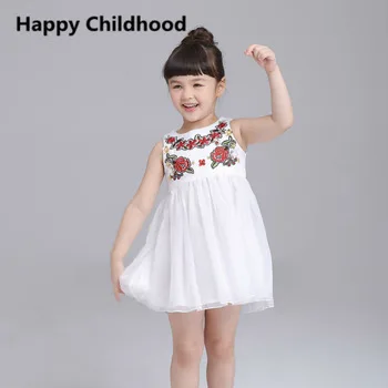 2016 Summer flower embroidery Girls Dress 1pc sleeveless applique chiffon girls clothes 2-8Y kids dresses for girls