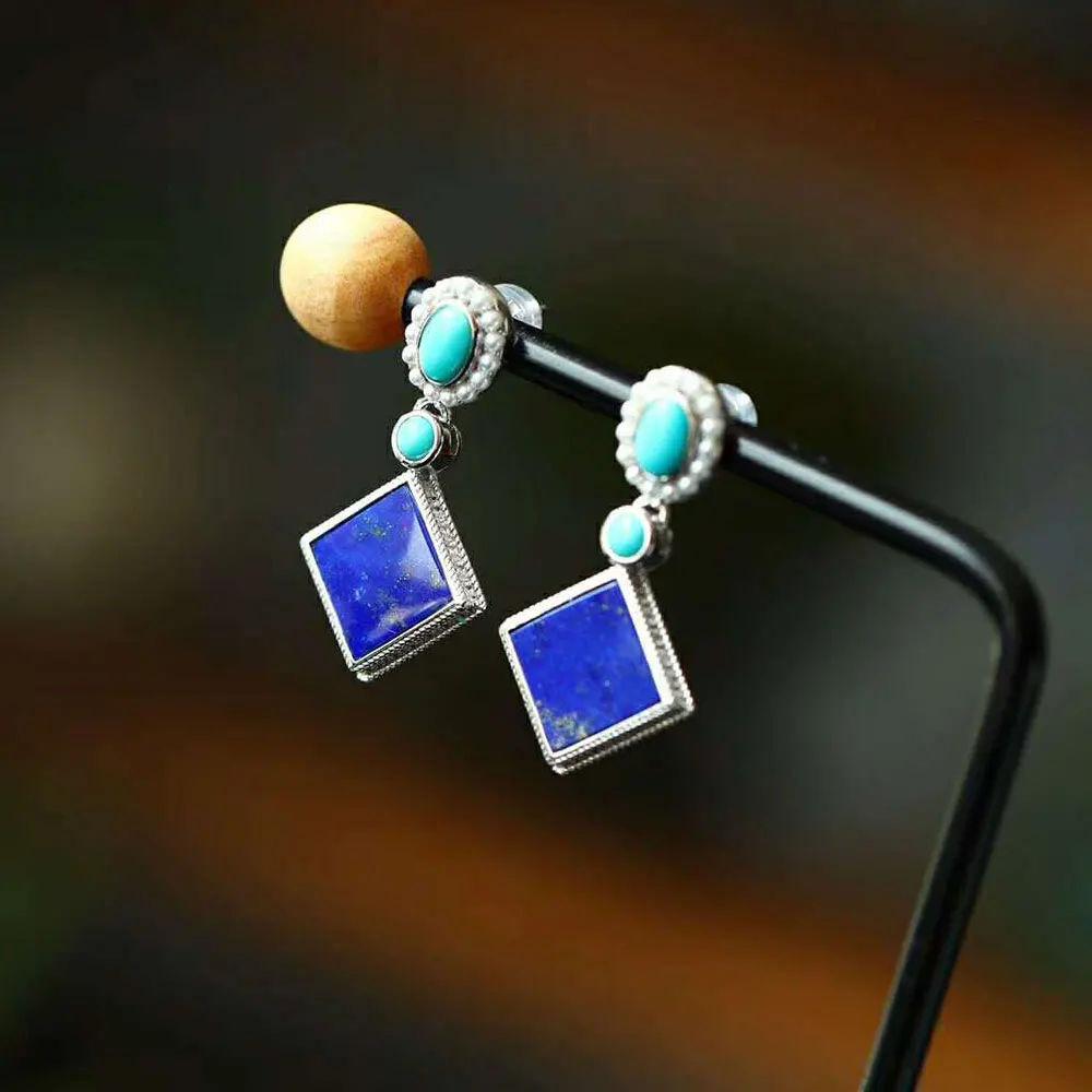 

RADHORSE Earring Genuine 925 Sterling Silver Turquoise lapis lazuli Square Earring for Women Classic Style Fine Jewelry