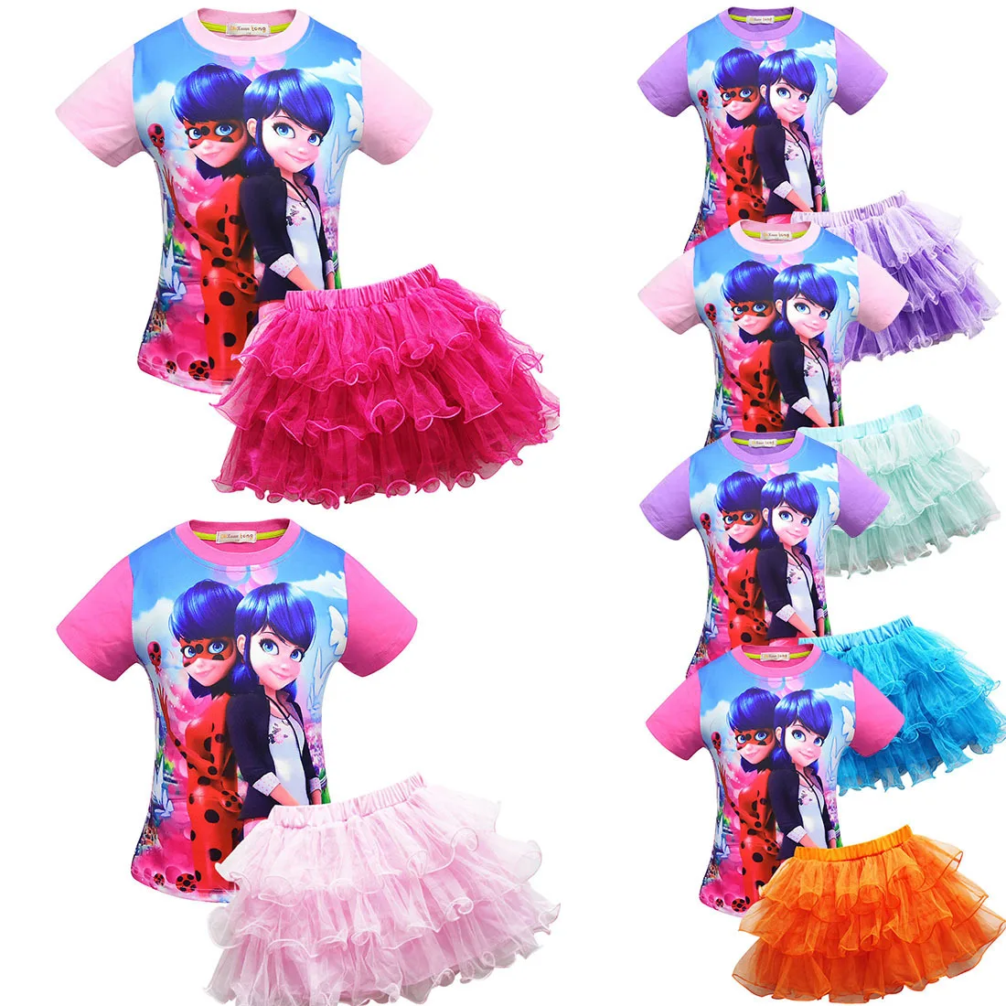 

Two-piece Ladybug Girls Cartoon Tulle Tutu Dress Short Sleeve Set Halloween Wedding Party Ladybug Princess Cake Skirt Kids Gift