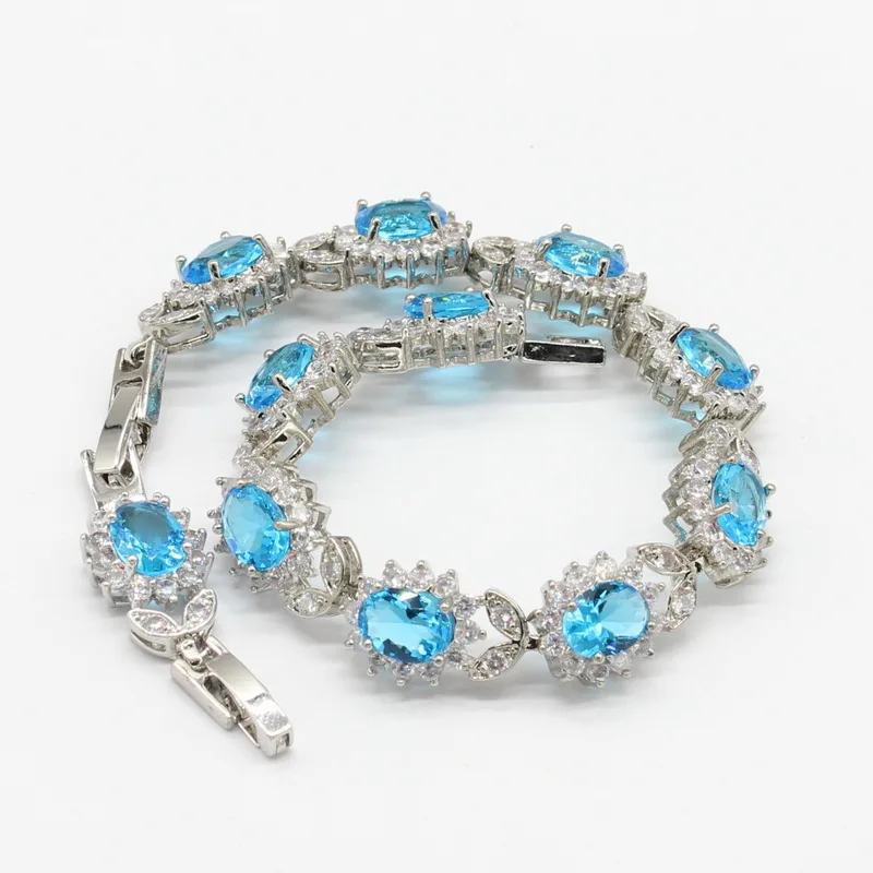 Синий опал 925 серебряные Свадебные Ювелирные наборы для женщин ожерелье кулон серьги кольца небесно-голубой кристалл браслеты