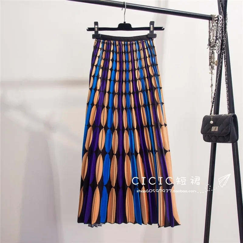 Новая Женская Корейская длинная юбка с мультяшным принтом, юбка с высокой талией, свободная большая свободная юбка, высокая уличная полосатая плиссированная юбка - Цвет: 321-4Orange