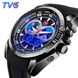 Мужской Часы Роскошные Лидирующий бренд ТВГ черный силиконовый Best дизайнер Для мужчин кварцевые часы Dual Дисплей светодиодный наручные