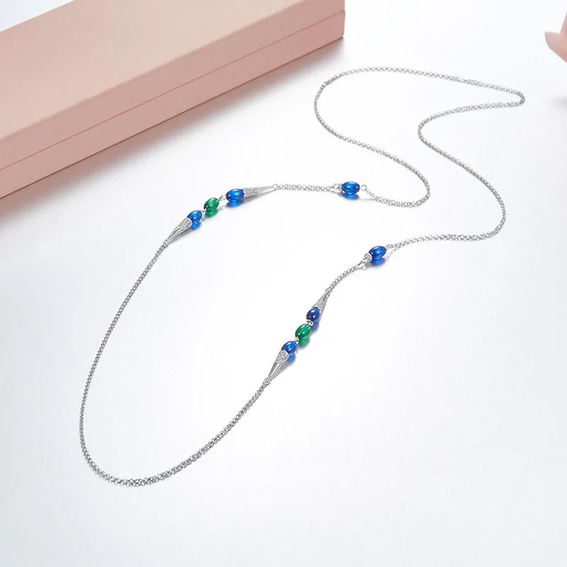 SLJELY роскошный бренд 925 пробы серебро с голубым камнем CZ Конфета Длинная цепочка ожерелье зеленые драгоценные камни кубический циркон для женщин ювелирные изделия