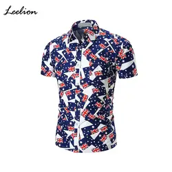 LeeLion 2018 Летняя мода Футболка с принтом мужской Slim Fit отложным короткий рукав мужская рубашка Camisa социальной Masculina рубашки