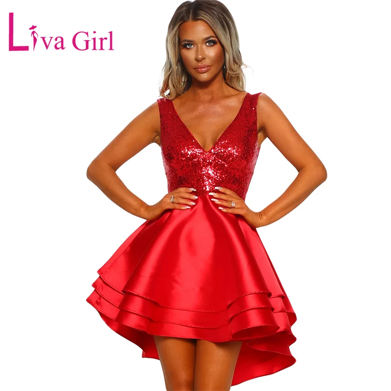 Женское платье с блестками LIVA GIRL красное розовое Черное мини-платье V-образным