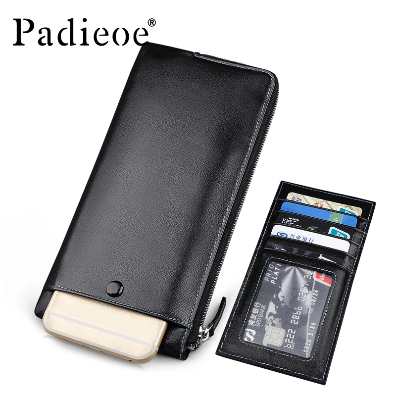 

Padieoe Fashion Designer Brand Men Wallets Genuine Leather Long Wallet Business Zipper Phone Purse ID Credit Card Holder