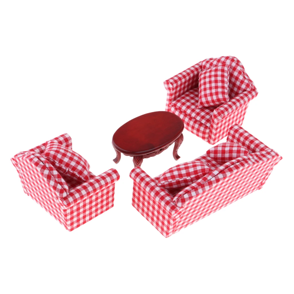 1/12 Dollhouse Miniature Living Room Furniture Decor Red Plaid Sofa Couch & Oval Tea Table Set Kids Pretend Play Toy