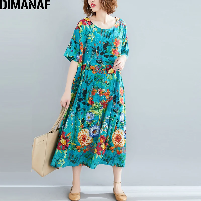DIMANAF размера плюс, женское пляжное платье, летний сарафан, хлопковое женское платье, женское длинное платье с цветочным принтом, свободное, большой размер 5XL 6XL